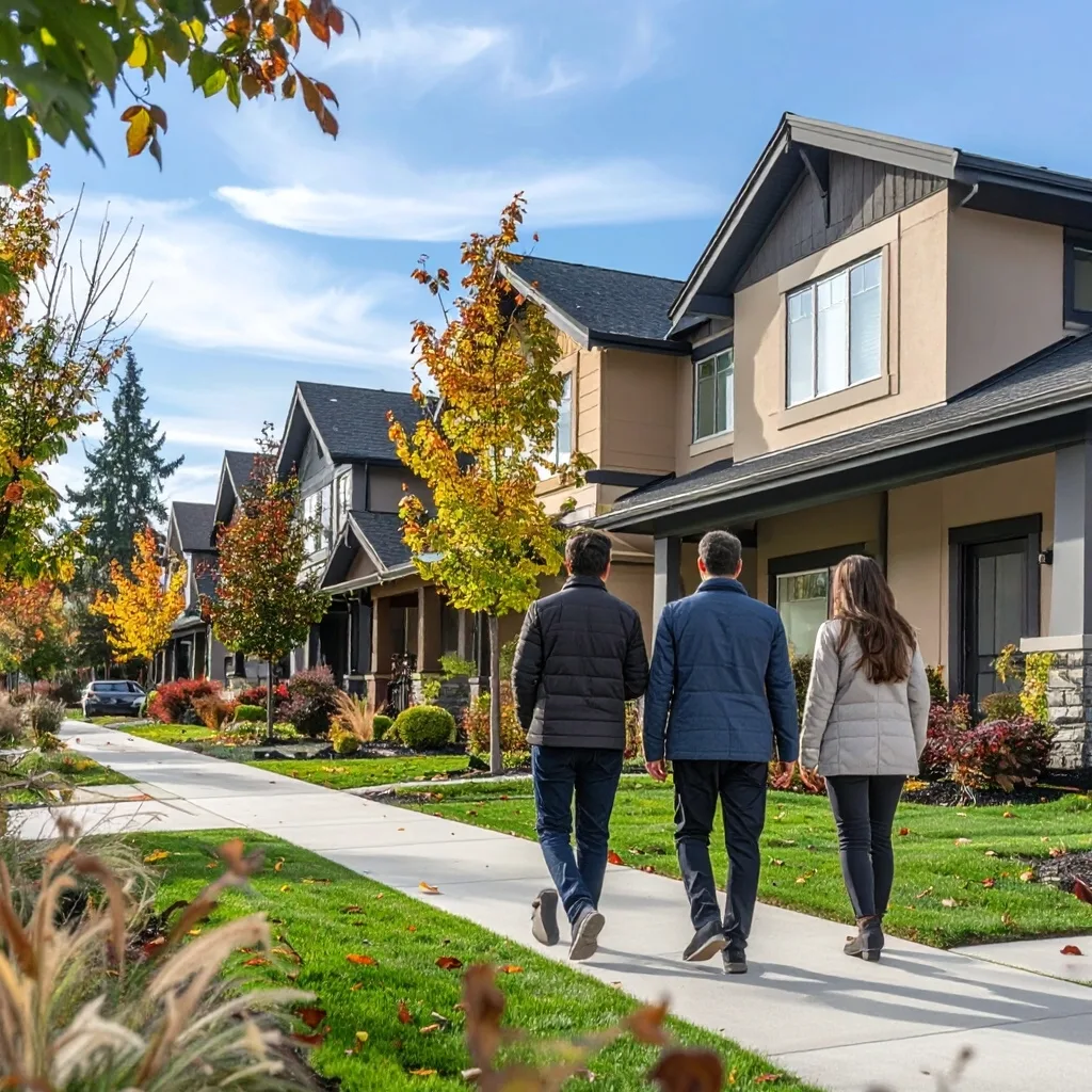 Two prospective homebuyers walking along a suburban American neighborhood with houses and landscaped front yards.