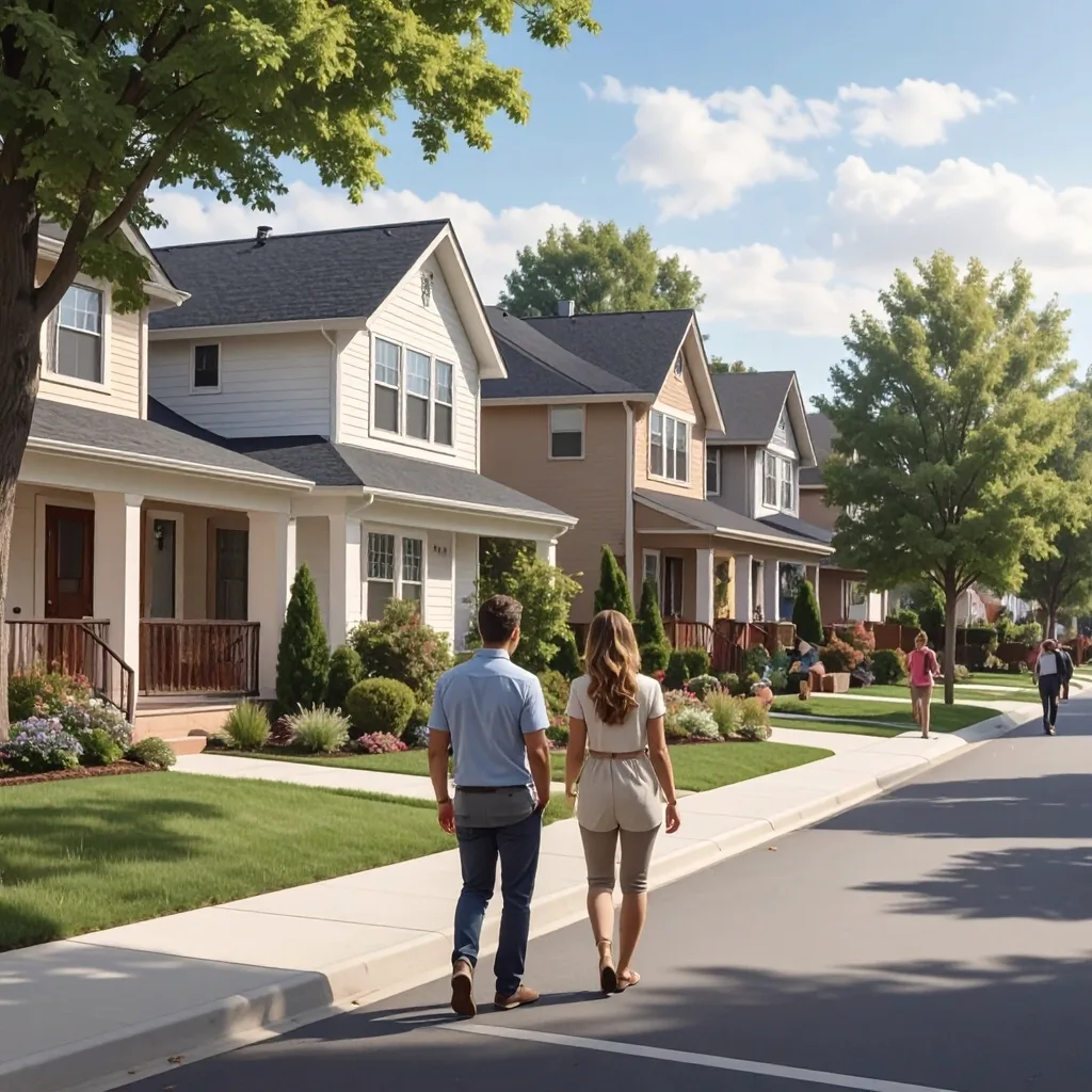 Residents walking along a tree-lined residential street in an American neighborhood