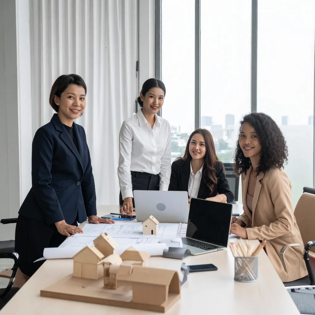 Women real estate leaders collaborating during a strategy meeting in a contemporary office.
